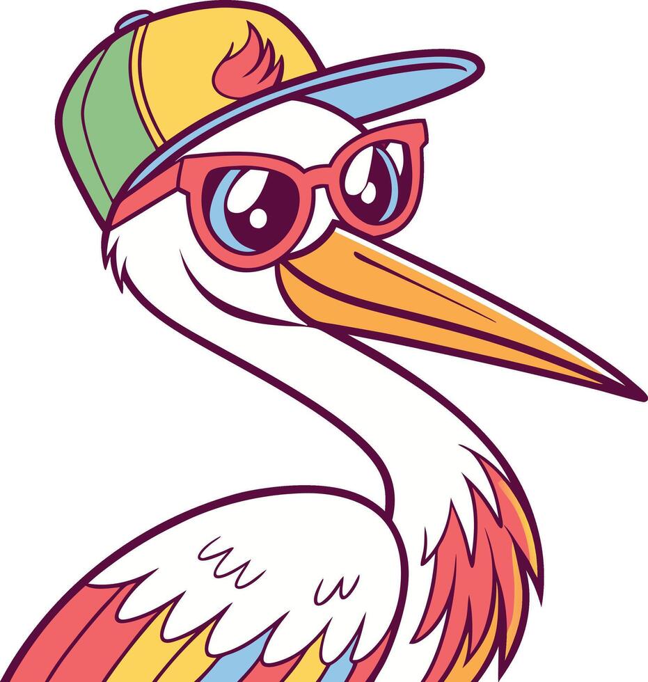 A cartoon stork wearing sunglasses and a hat vector