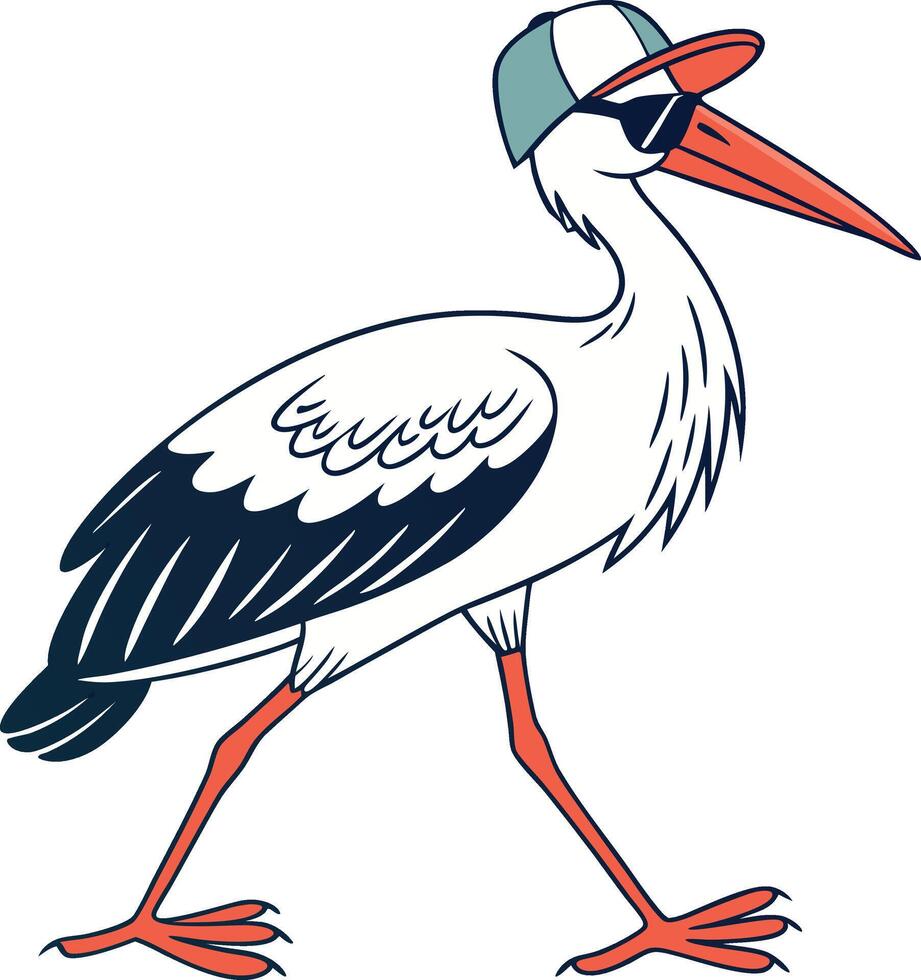 A stork wearing a baseball cap and walking vector
