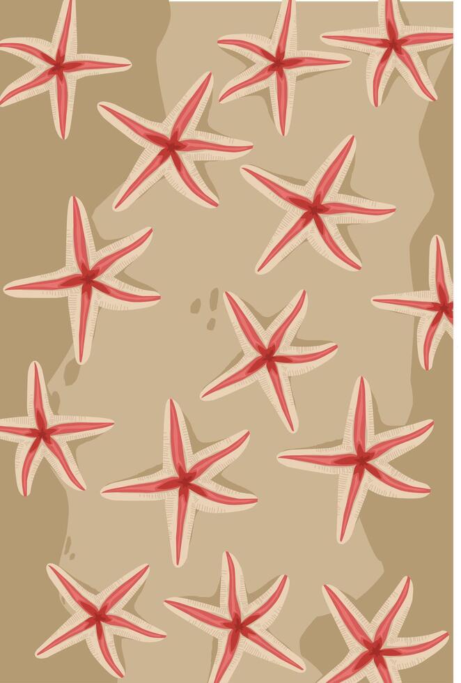 Pink starfish on brown beach sand. Sand background wallpaper.wrapping paper vector