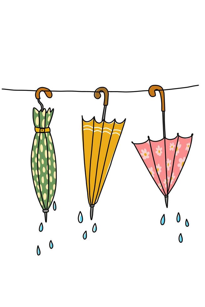 Beautiful Umbrellas with are hanging while getting wet vector
