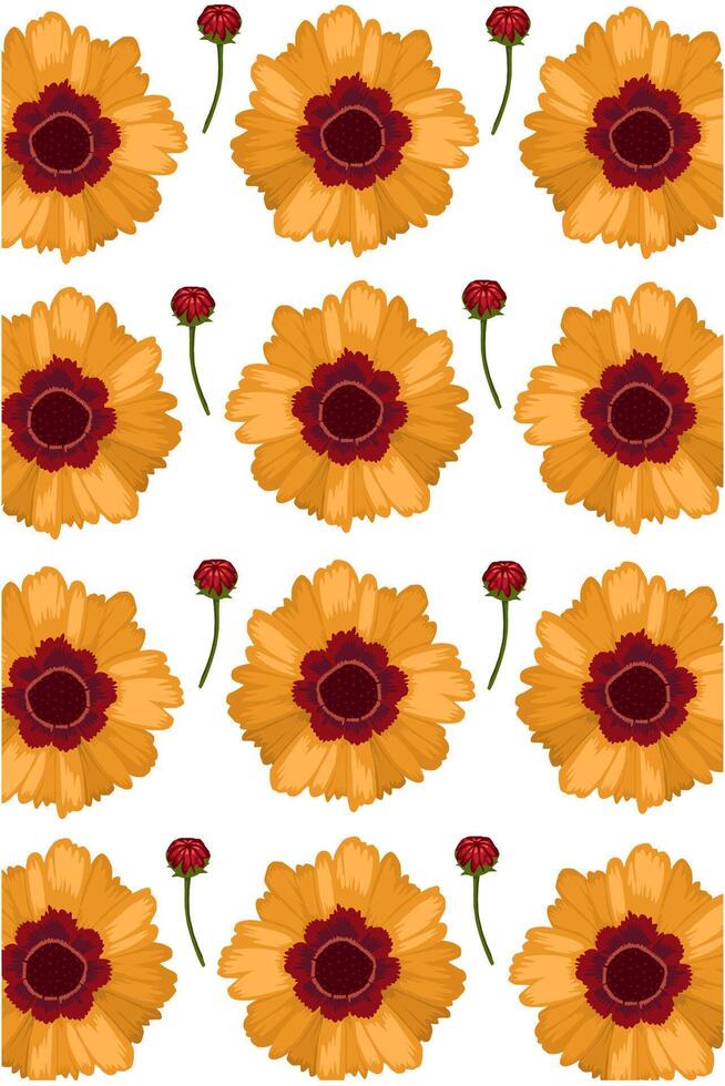Beautiful yellow flower with red buds repeated on white background vector