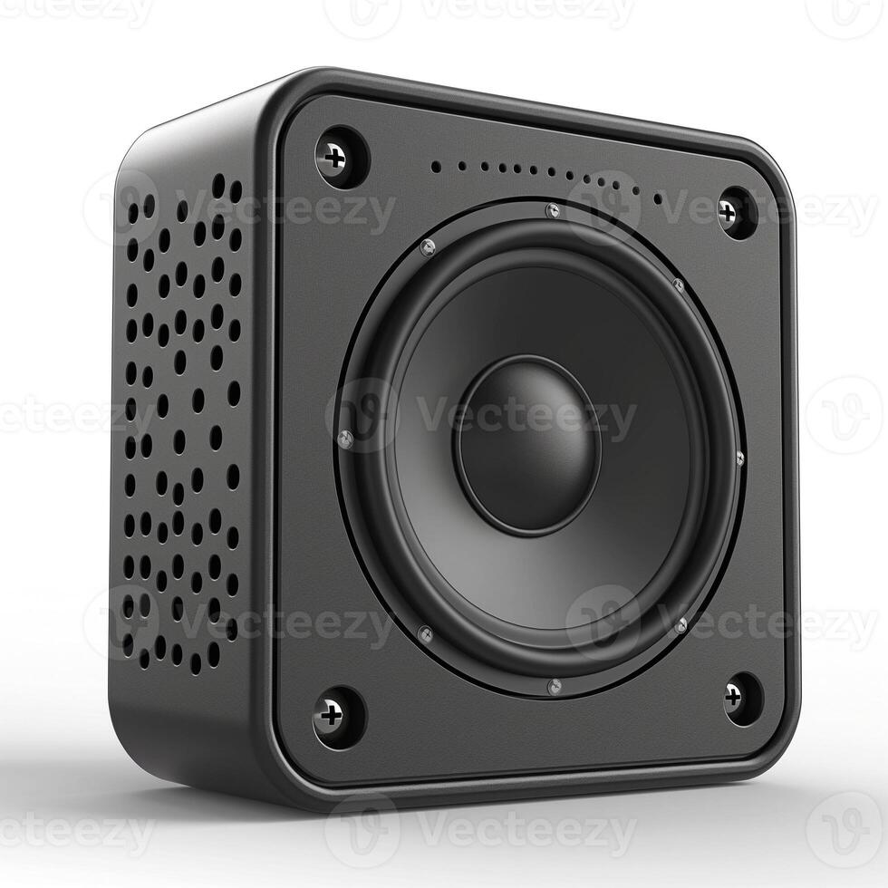 A modern black speaker showcasing a sleek design with perforated accents, ideal for enhancing audio experience. photo