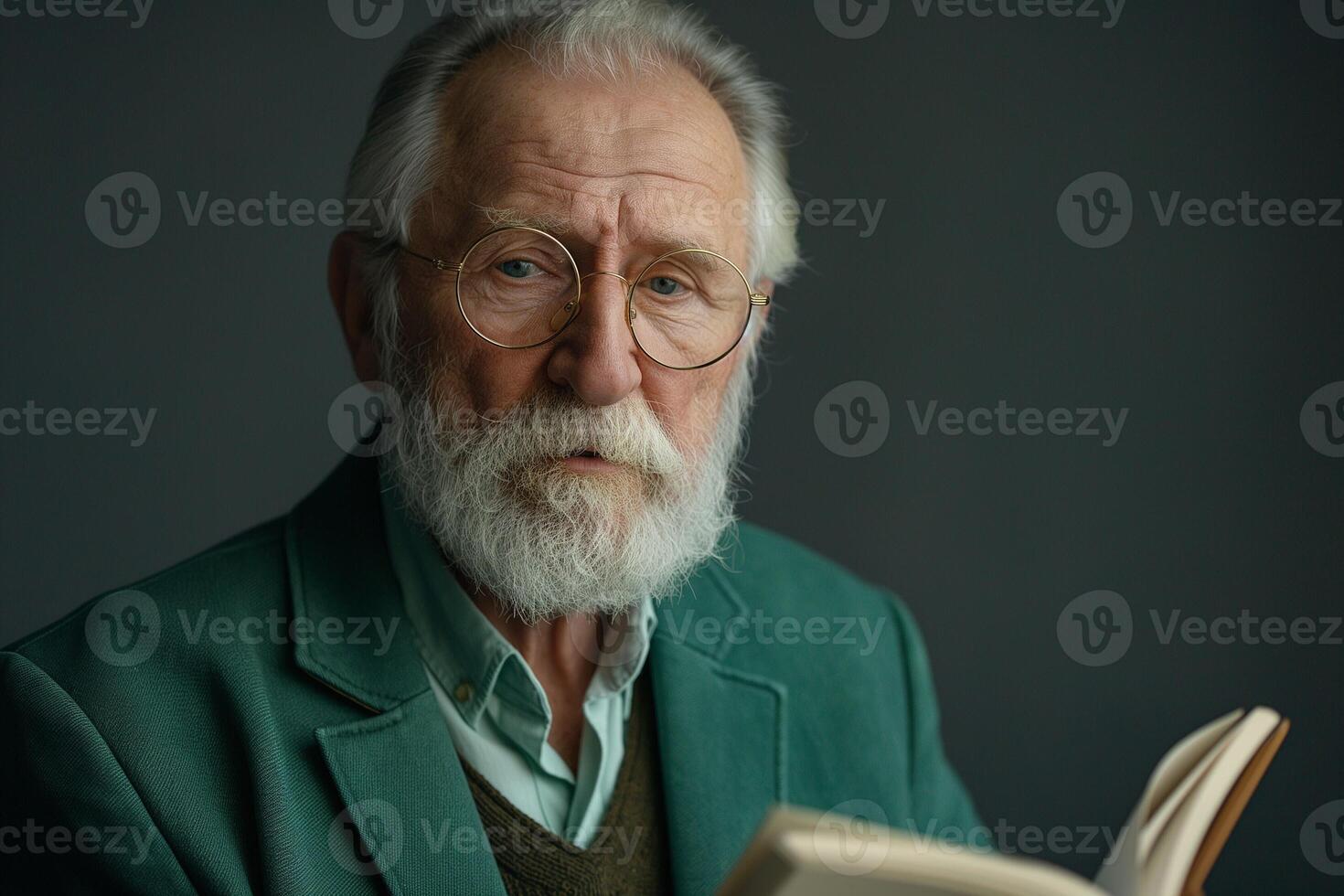 Elderly Caucasian man with glasses, deeply engrossed in reading a book, wearing a green jacket against a dark background. photo