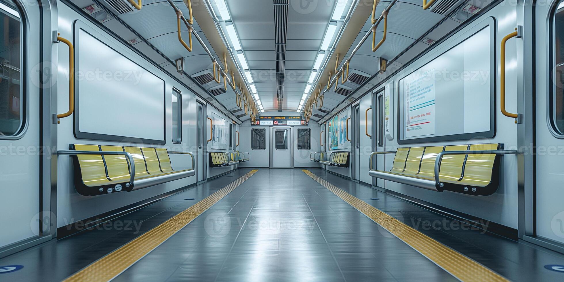 A clean and modern subway train interior with empty yellow seats, showcasing a bright and spacious atmosphere. photo