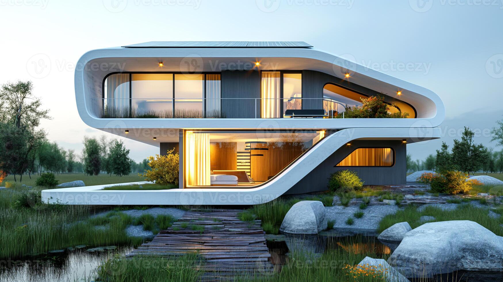 A stunning modern house with sleek lines and large windows surrounded by greenery and a reflective pond, highlighting contemporary architecture. photo