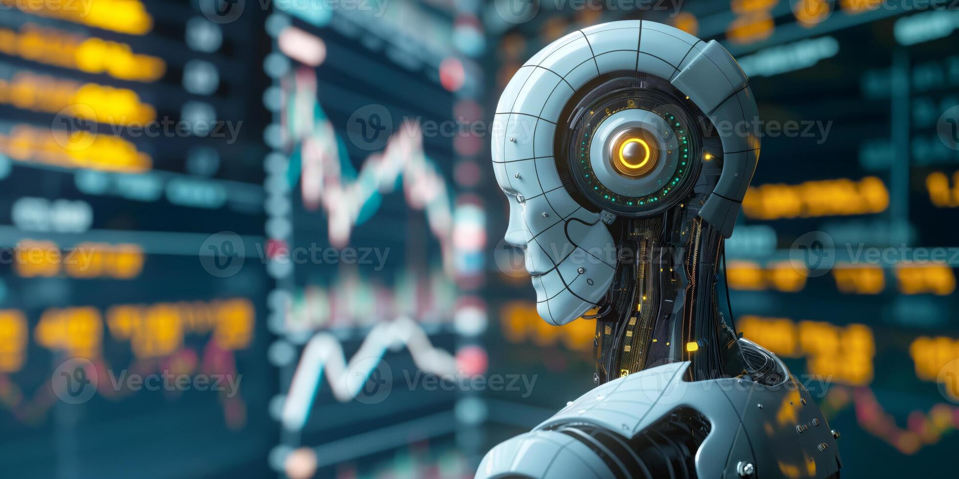 A futuristic humanoid robot observes digital data trends in a high-tech environment, showcasing the convergence of technology and analytics. photo