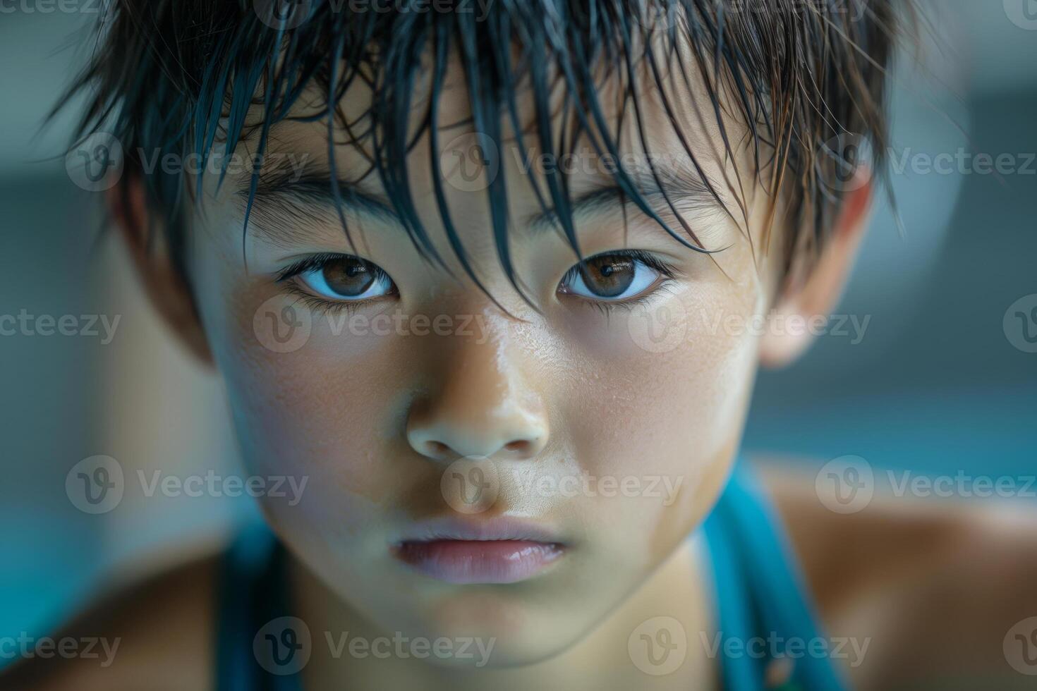 A young Asian boy with wet hair, focused on his swimming practice, showcasing determination and concentration. photo