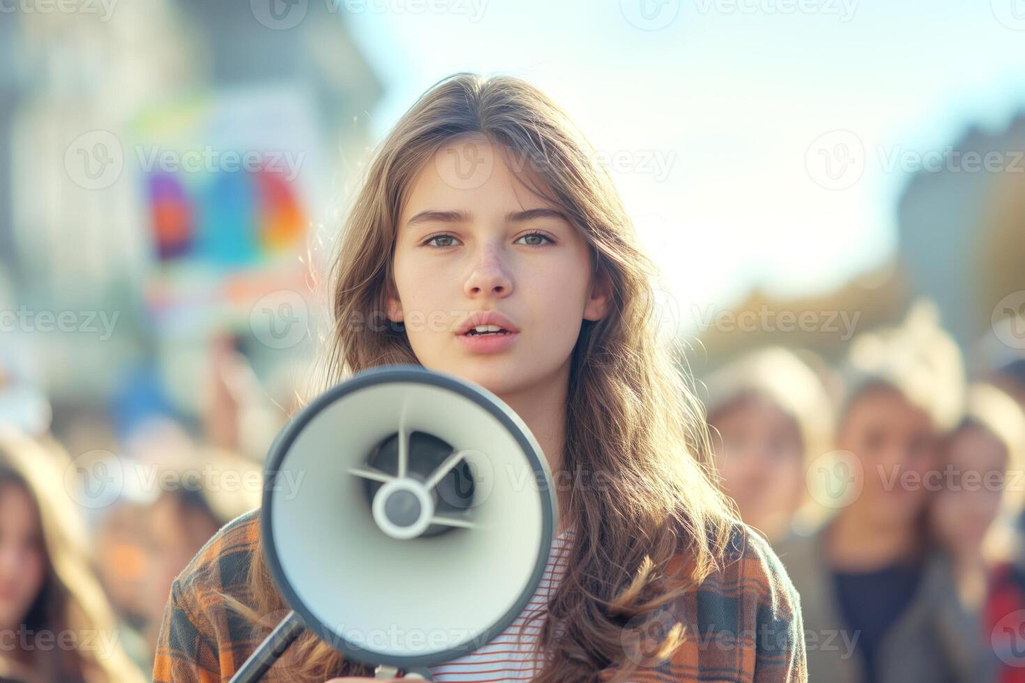 A young Caucasian woman passionately addresses a crowd, holding a megaphone during a vibrant demonstration. photo
