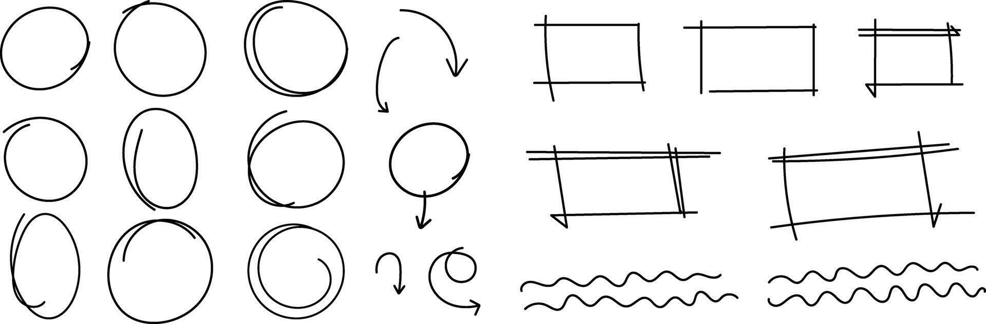 Hand drawn highlight, arrows, text underline strokes and emphasis marks. Set of ellipses, ovals rectangle and marks, brush doodle elements and shapes for message notes vector