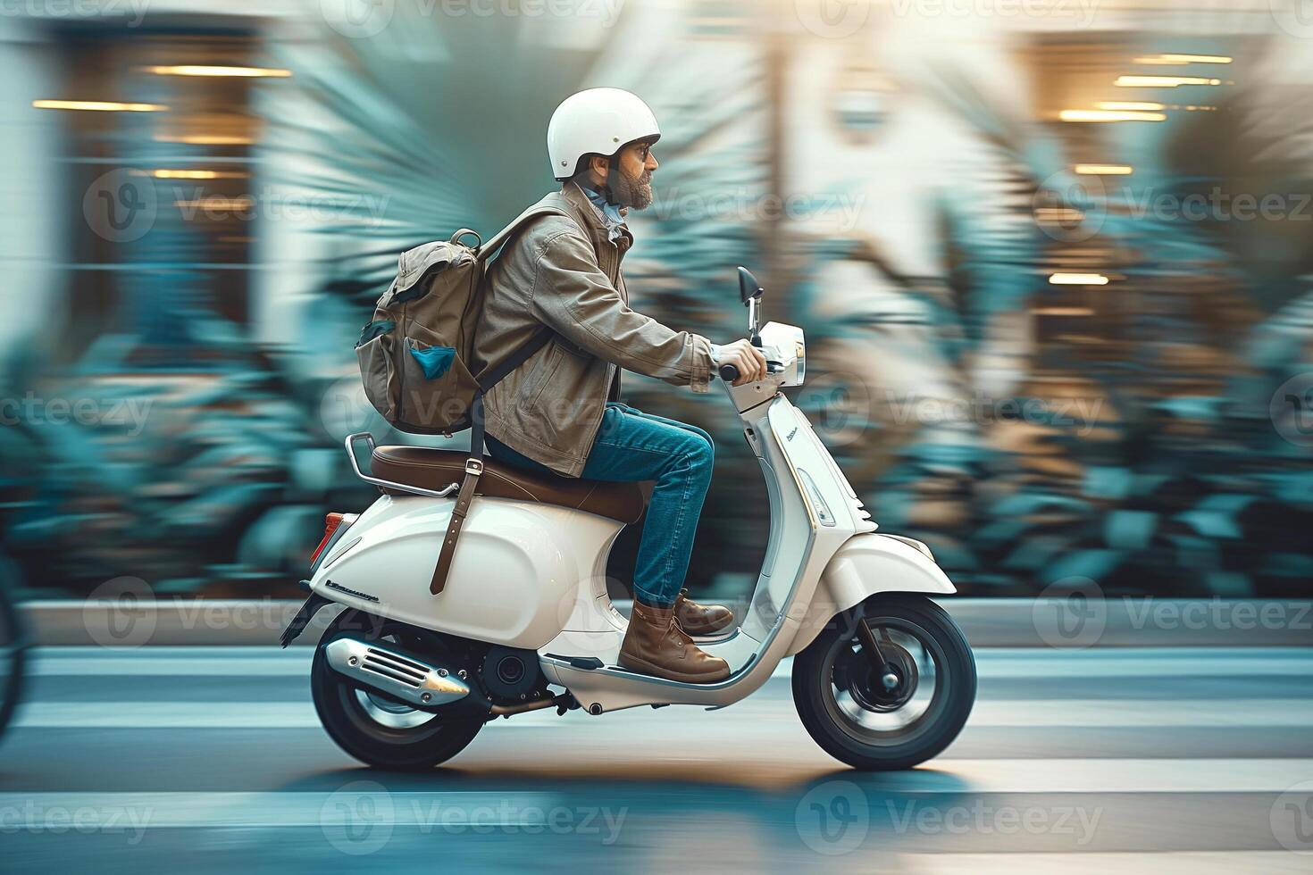 A young man riding a classic white scooter through a vibrant city street, embodying a sense of freedom and adventure. photo