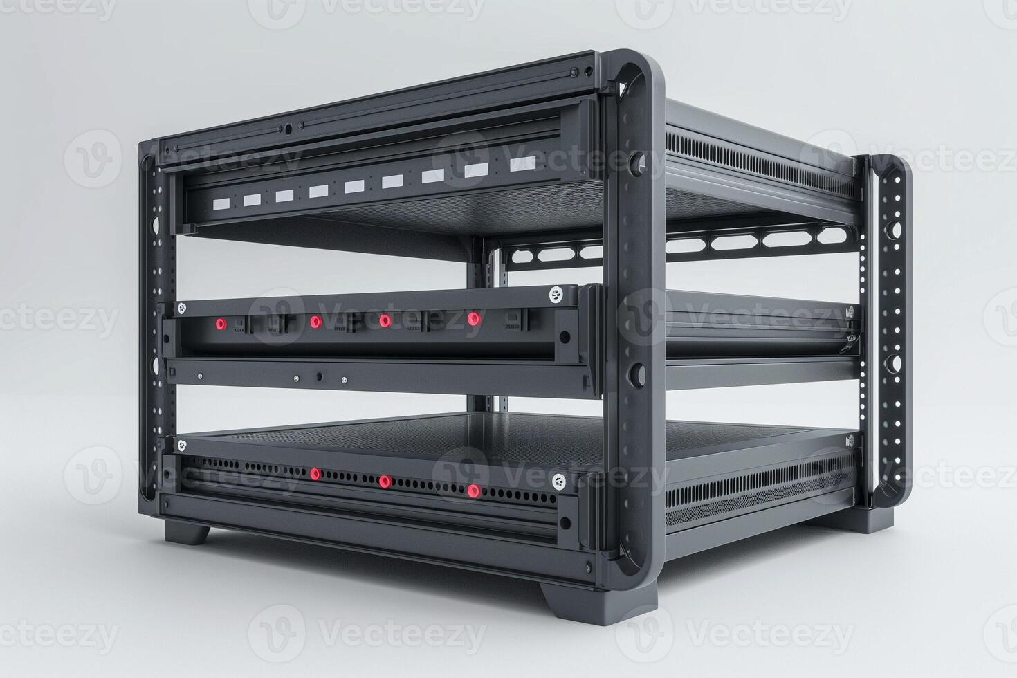 A sleek, modern black equipment rack with multiple shelves, designed for audio or hardware storage. photo