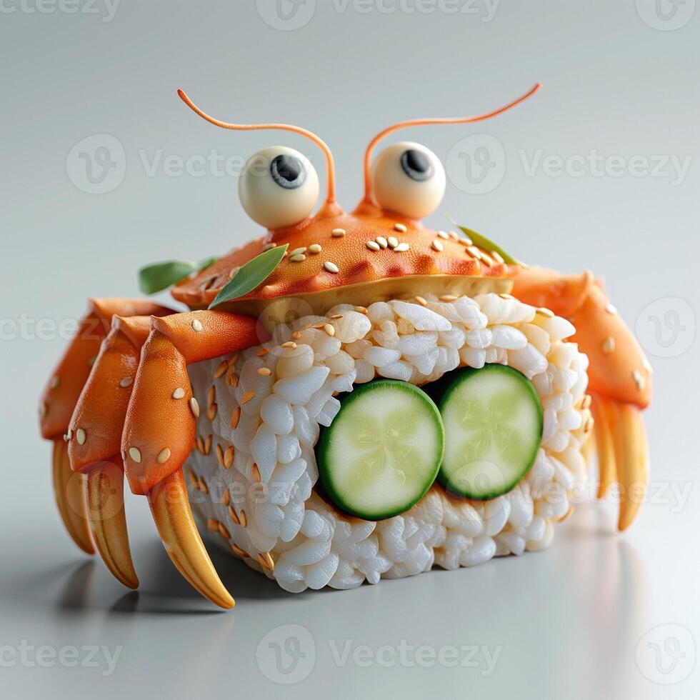 A playful cartoon crab made of sushi, featuring cucumber fillings and vibrant orange details, creating a fun food art display. photo