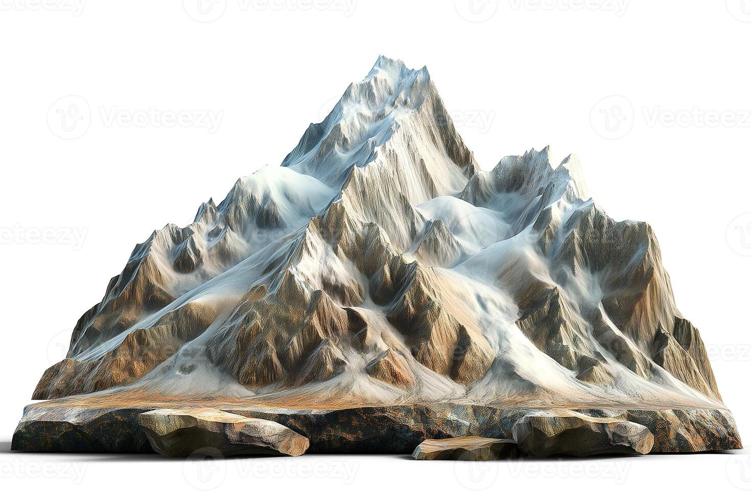 A majestic, snow-capped mountain range with rugged peaks showcasing intricate textures and shadows. photo