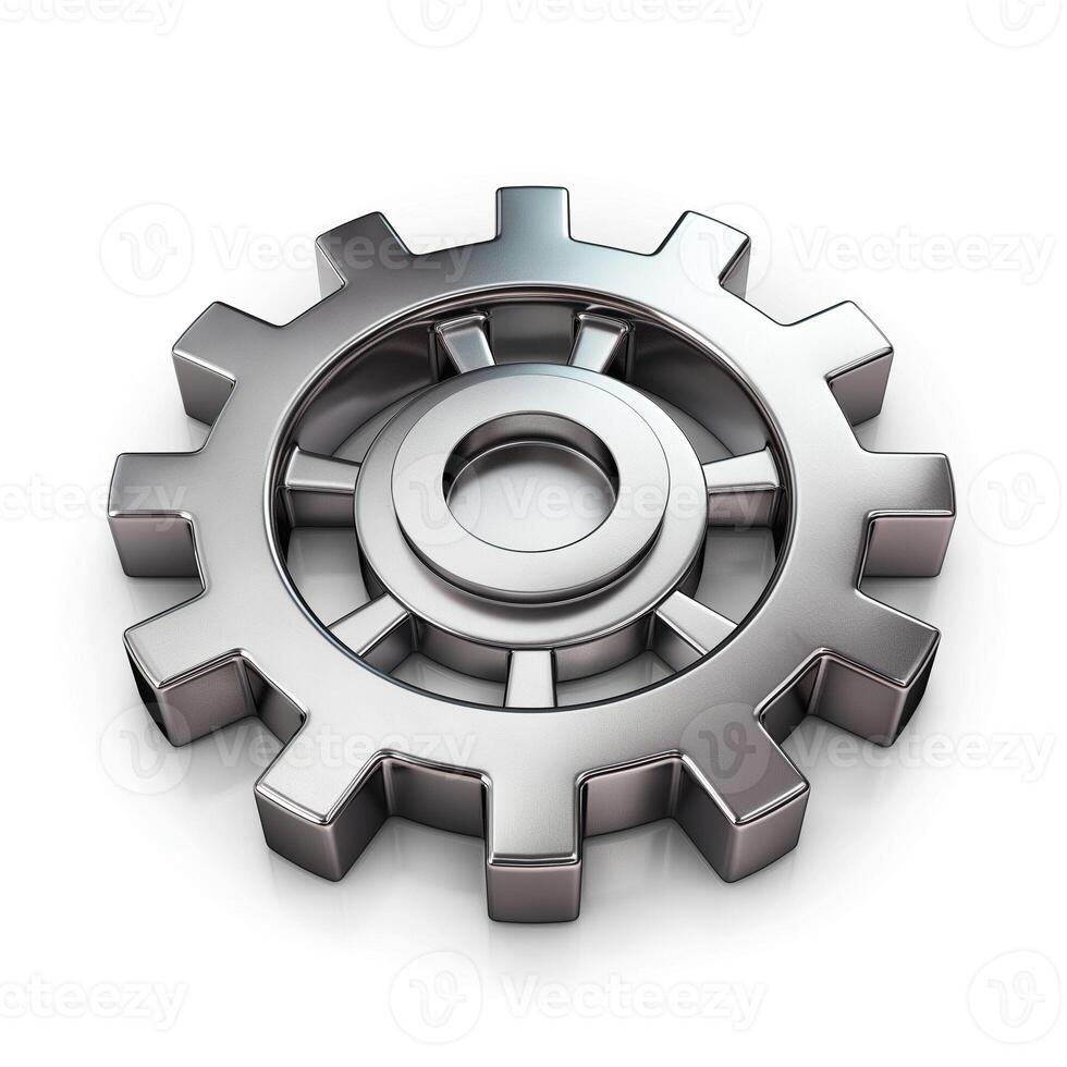A close-up view of a metallic gear, showcasing its intricate design and polished surface. photo