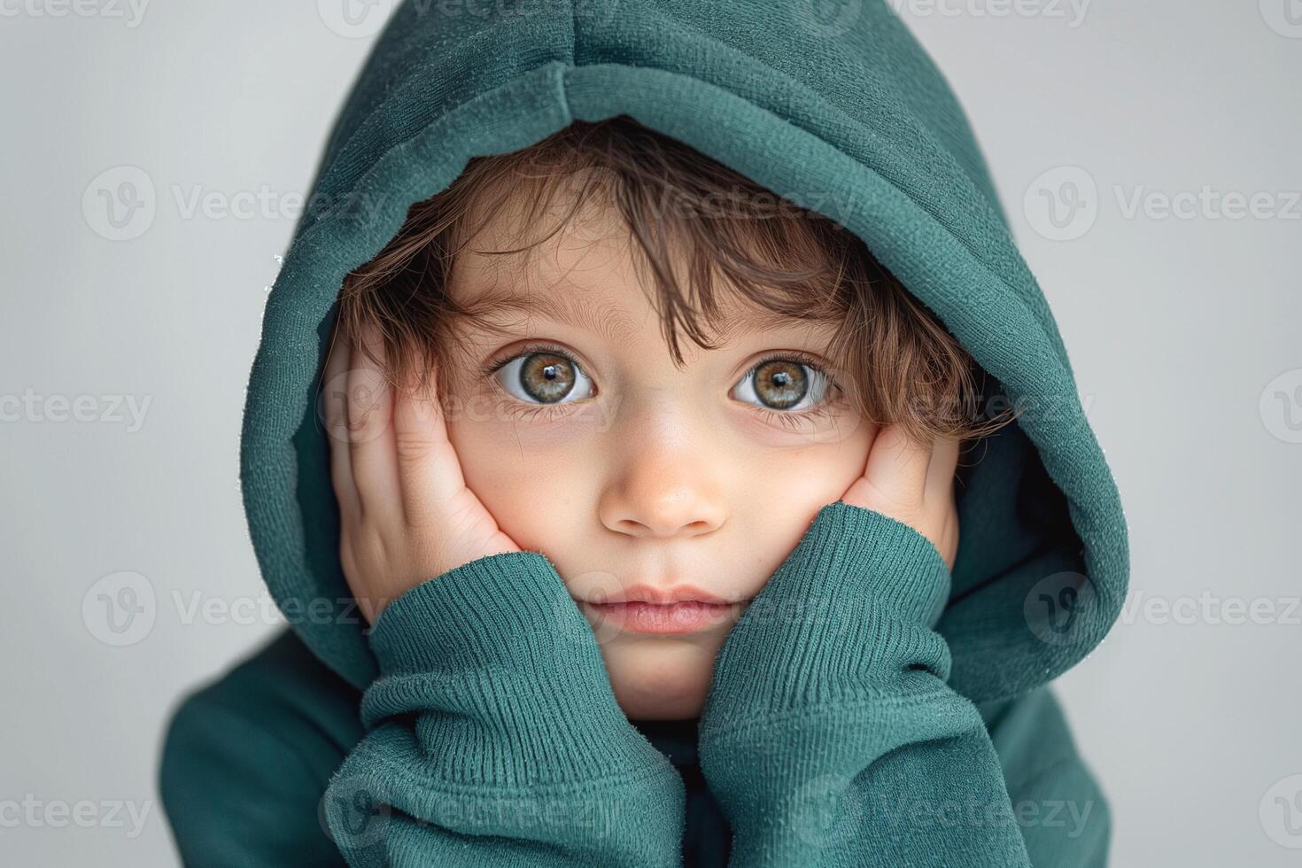 A young Caucasian boy with big blue eyes, wearing a green hoodie, looks contemplative with his hands on his face. photo