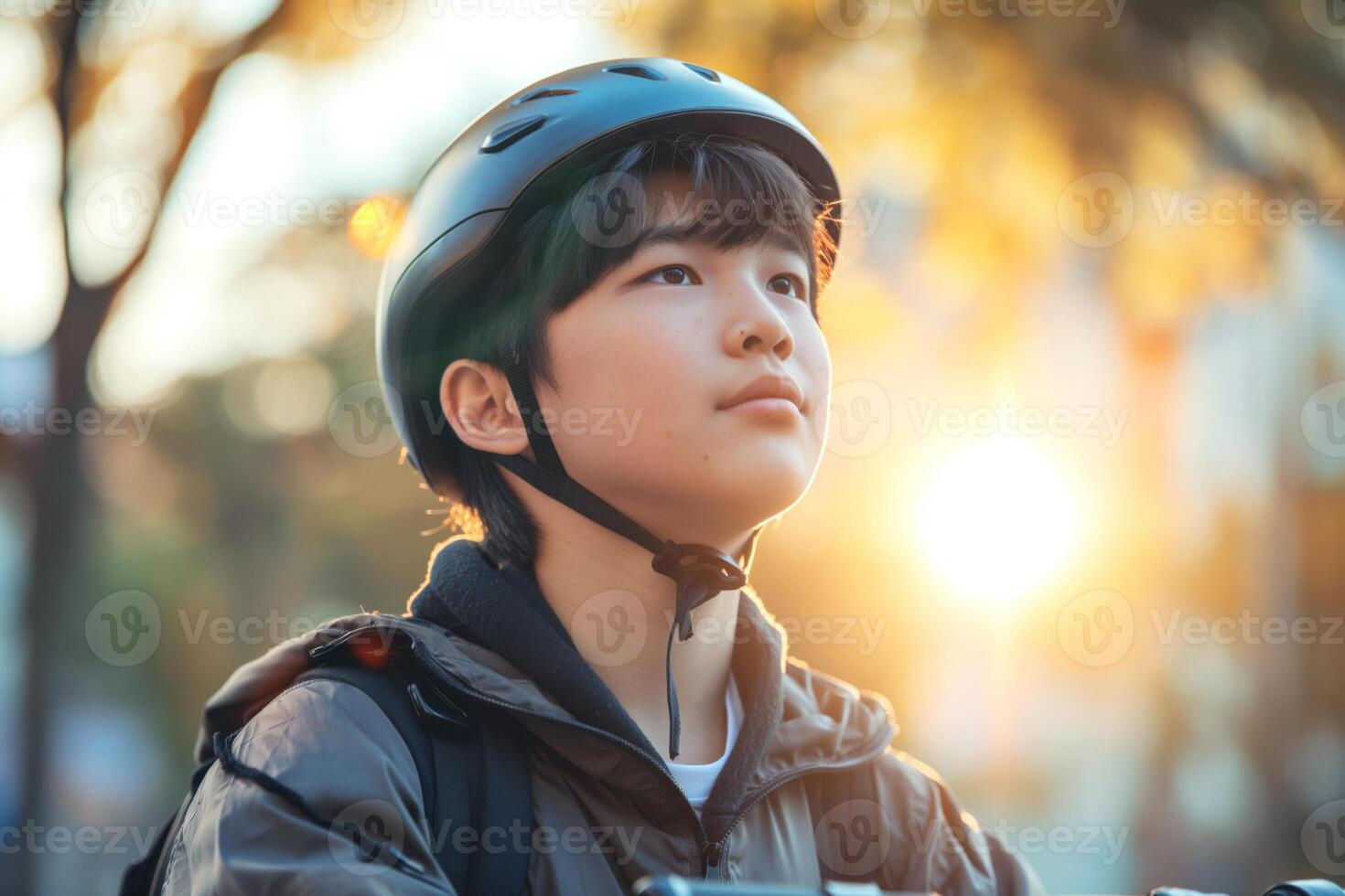 A young Asian boy wearing a helmet gazes thoughtfully into the distance, bathed in warm sunlight during a tranquil afternoon. photo