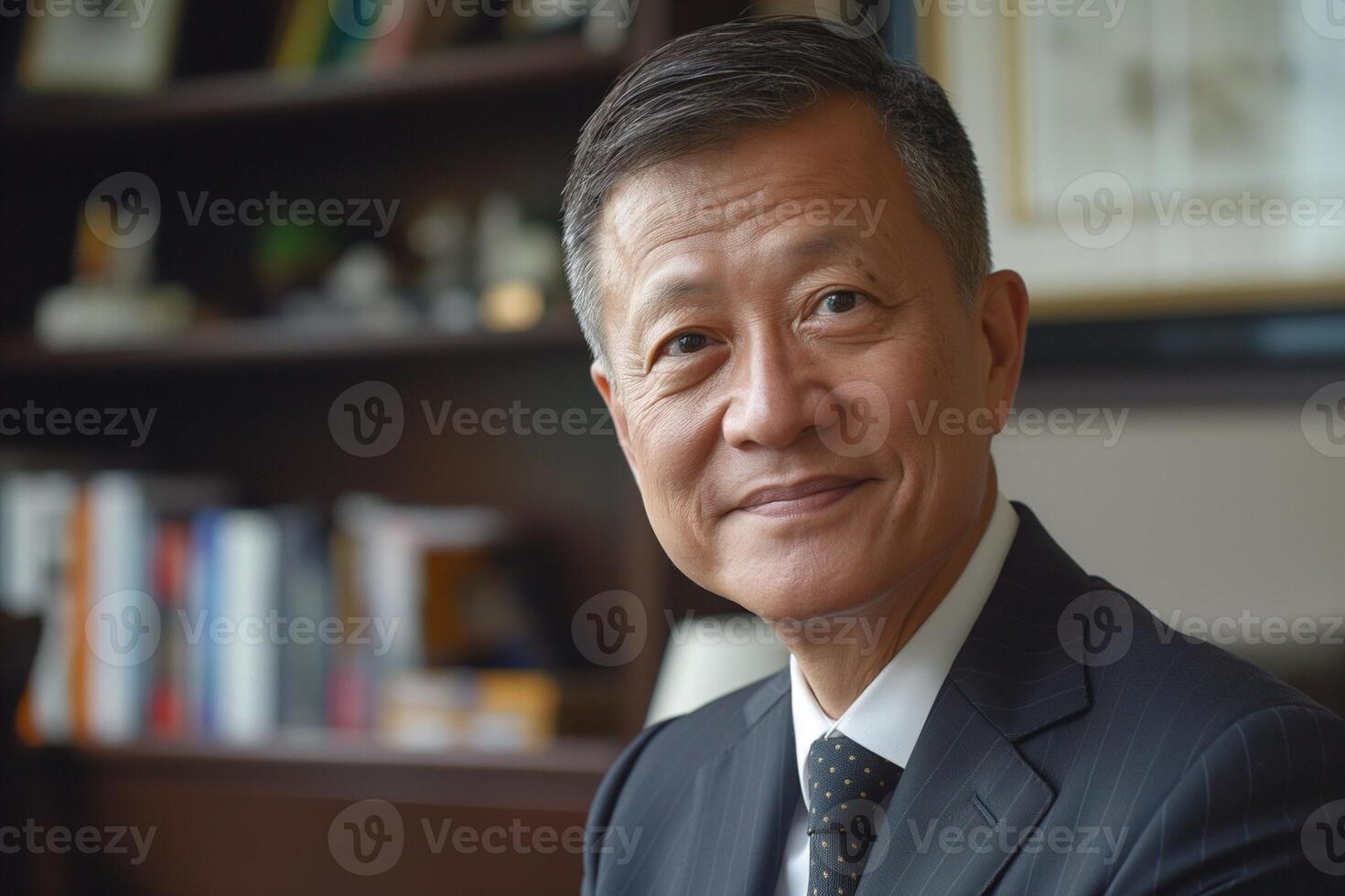 Confident middle-aged Asian man in a dark suit, smiling warmly in a well-organized office setting. photo