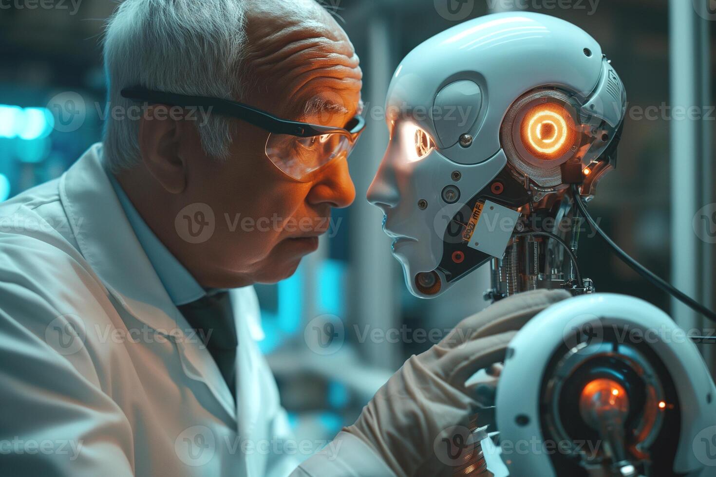 An elderly male scientist closely observes a humanoid robot, depicting the intersection of technology and humanity in a research lab. photo