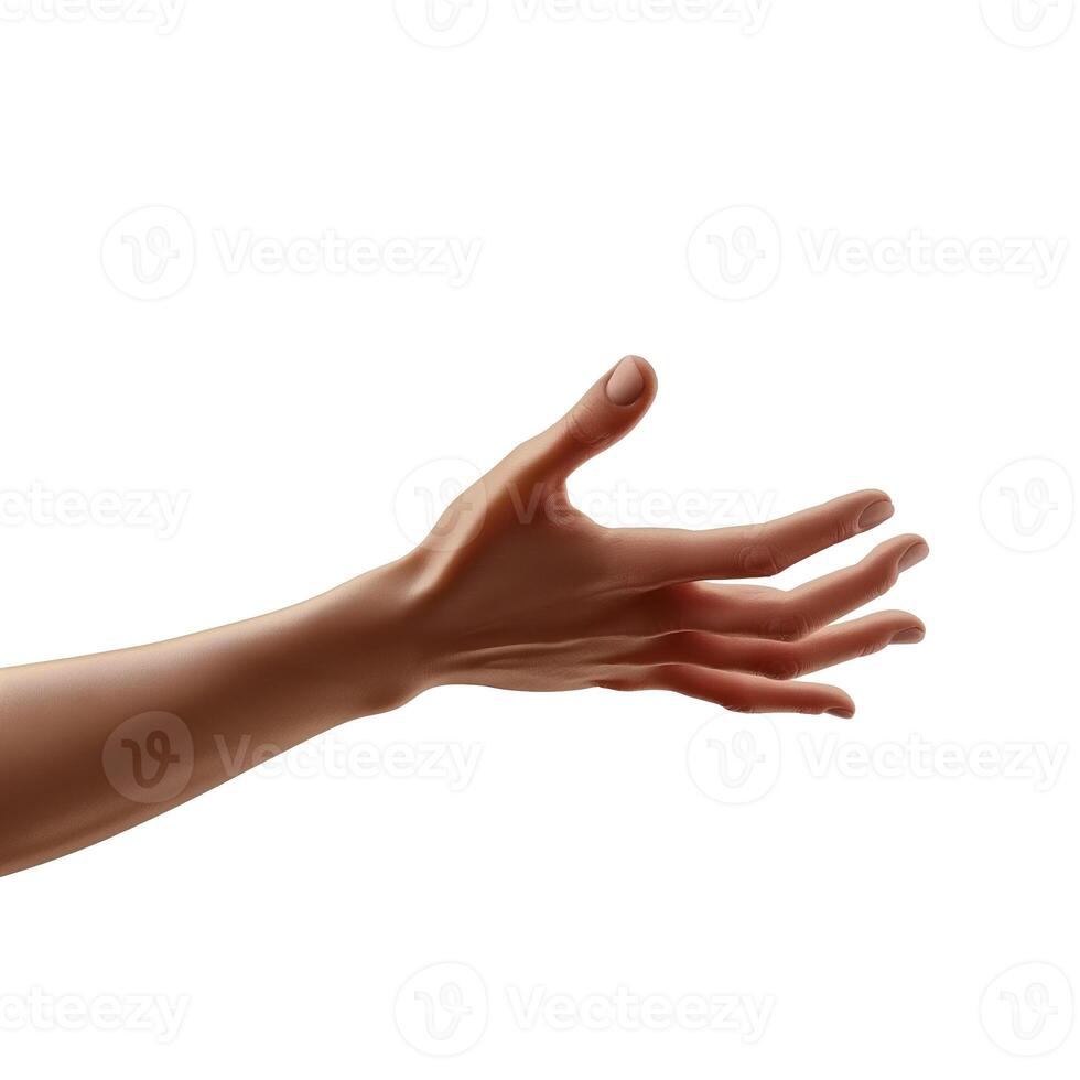 A close-up of a graceful, outstretched hand reaching towards the viewer, showcasing smooth skin and delicate fingers. photo