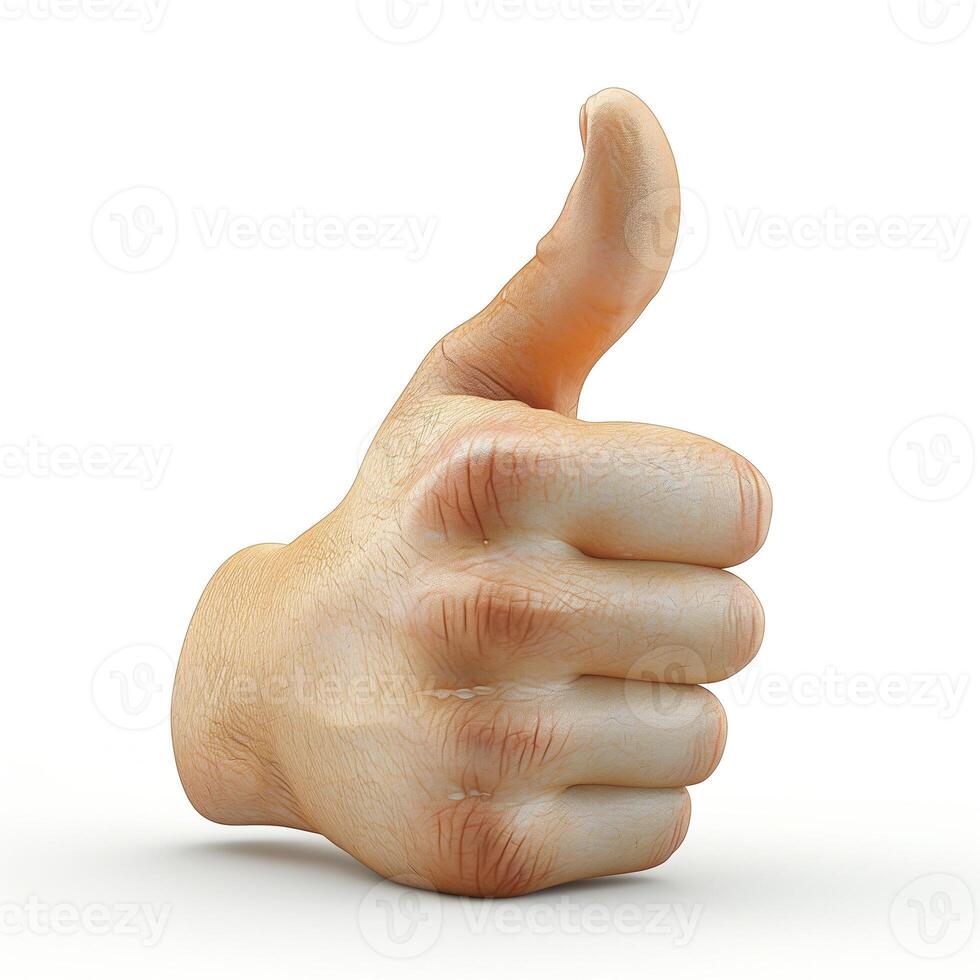 A realistic human hand giving a thumbs-up gesture against a white background. photo