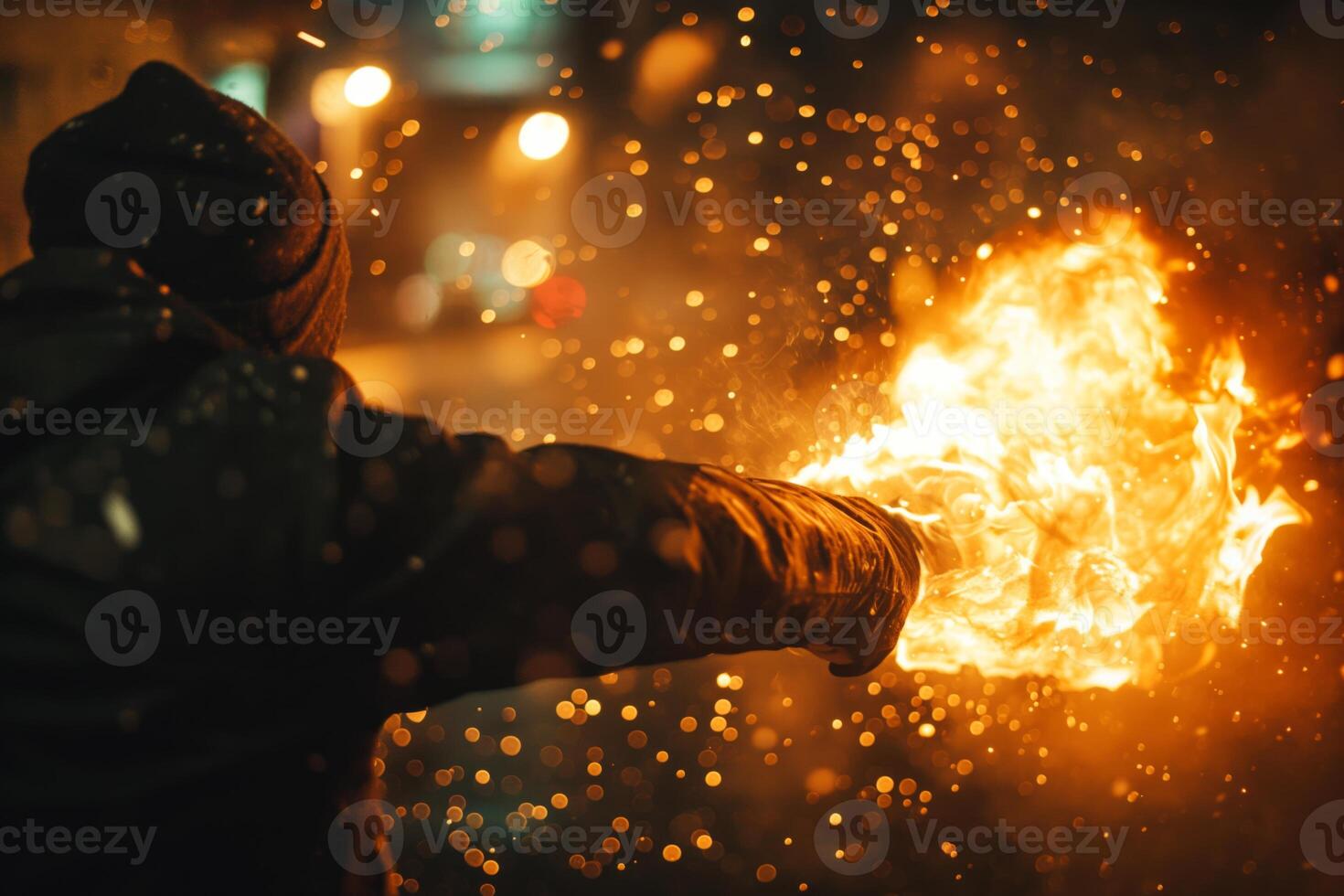 A young male wearing a dark hoodie unleashes a vibrant fireball against a blurred city backdrop, creating a striking visual spectacle. photo