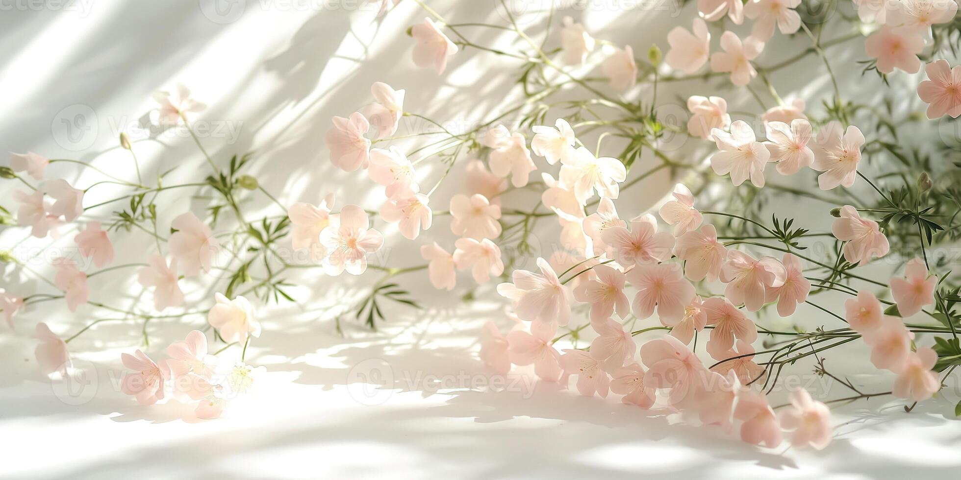 Delicate pale pink flowers gracefully arranged against a soft white background, evoking a serene and gentle atmosphere. photo