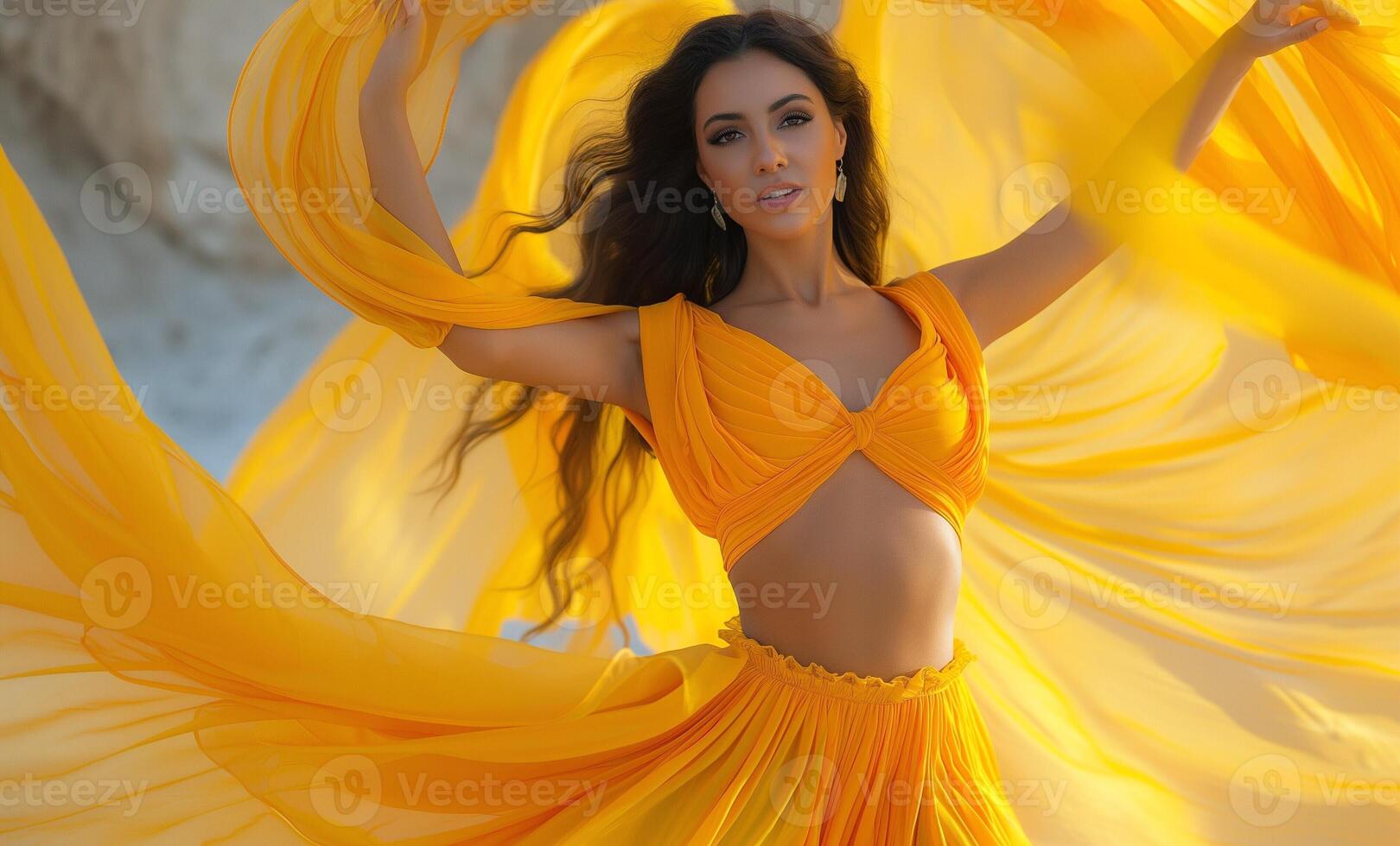 A young Hispanic woman in a flowing yellow dress twirls elegantly, showcasing vibrant fabric and a joyful expression against a bright backdrop. photo