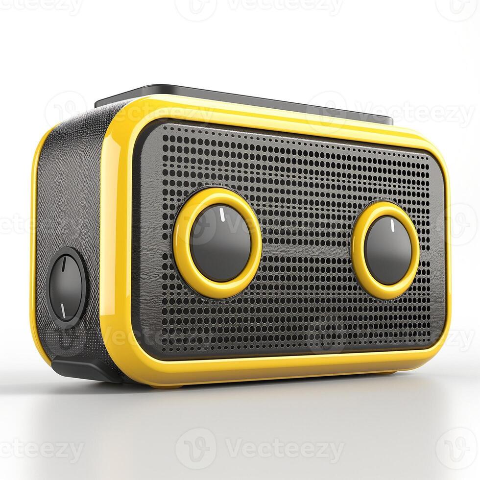 A vibrant yellow and black portable speaker with a sleek design, perfect for music lovers on the go. photo