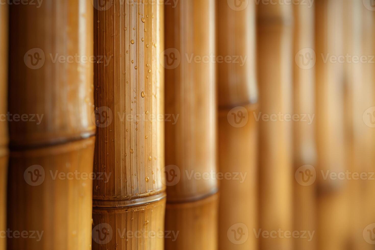 Close-up of bamboo stalks with water droplets, showcasing natural textures and warm hues. photo