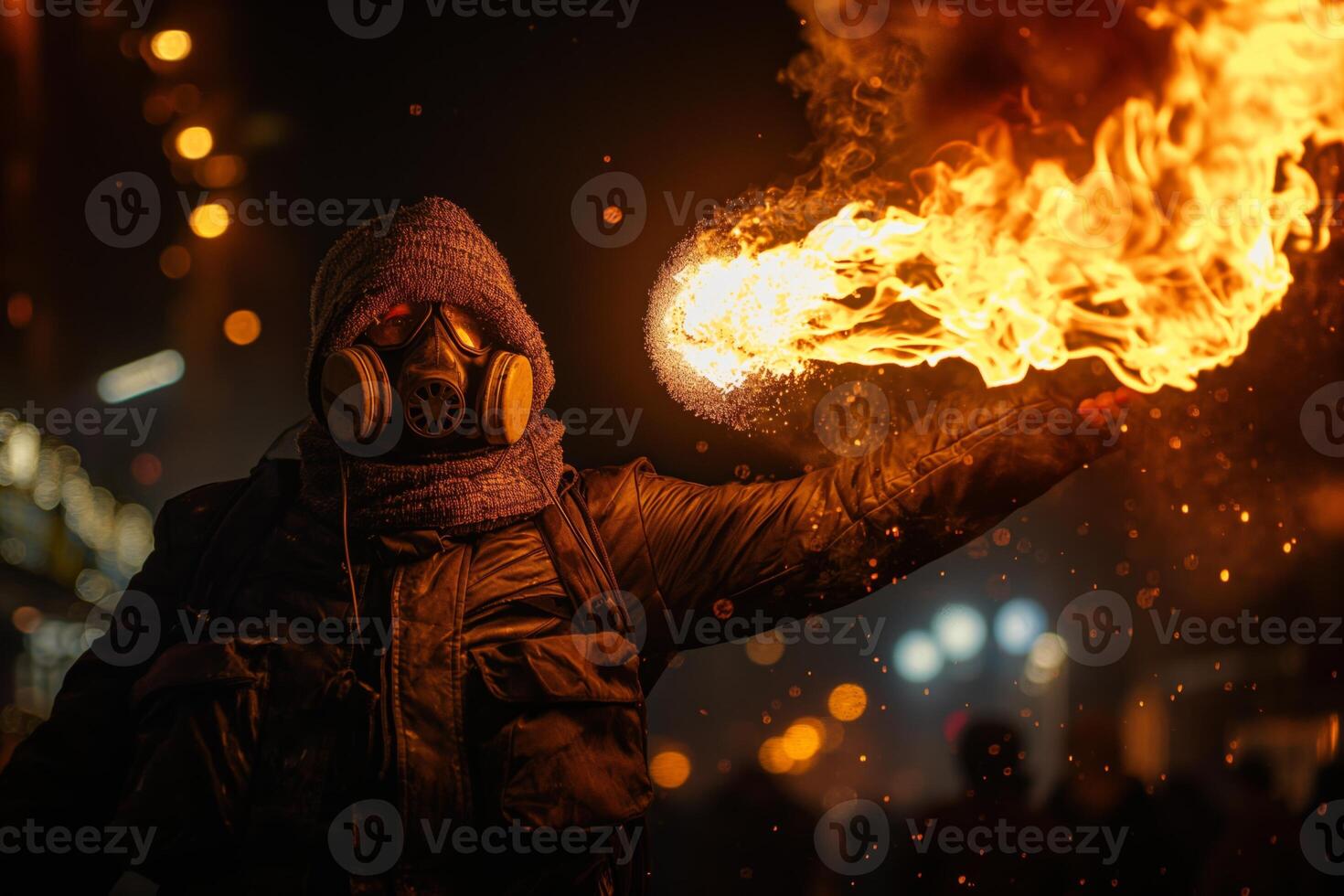 Mysterious figure in a gas mask, shrouded in darkness, hurls a fireball against a backdrop of glowing embers. photo