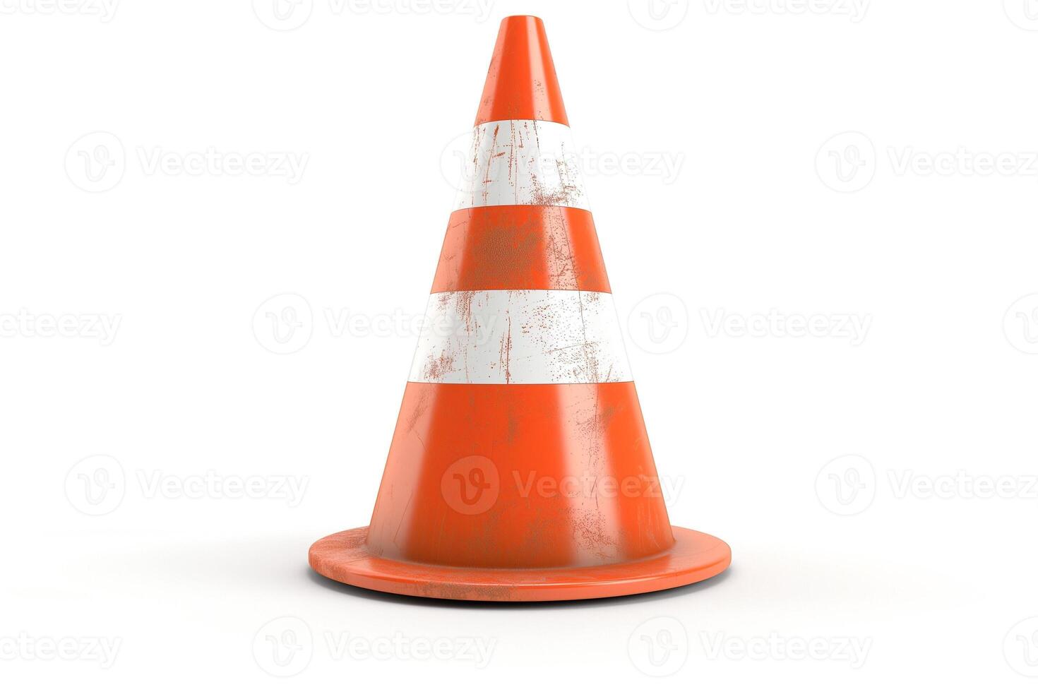 A weathered orange traffic cone with white stripes, symbolizing caution and road work. photo