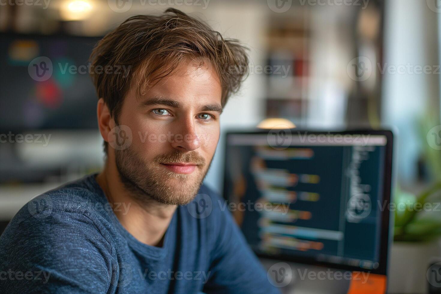 A young Caucasian man with a beard and blue eyes smiles confidently while working at his computer in a modern office setting. photo