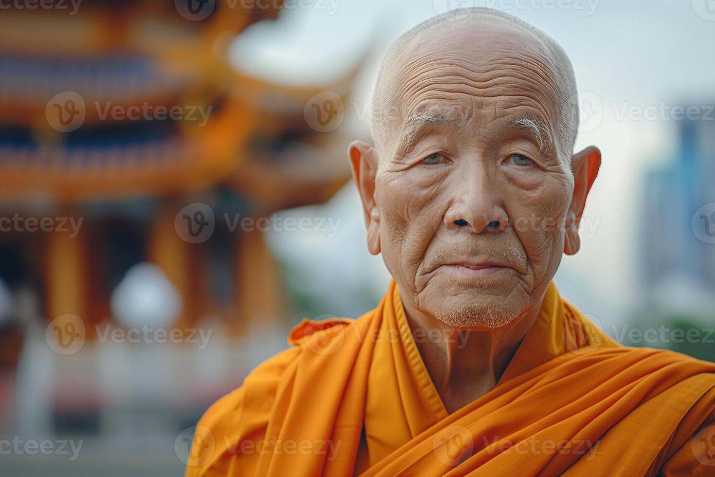 Elderly Asian monk in an orange robe, exuding wisdom and serenity against a temple backdrop. photo
