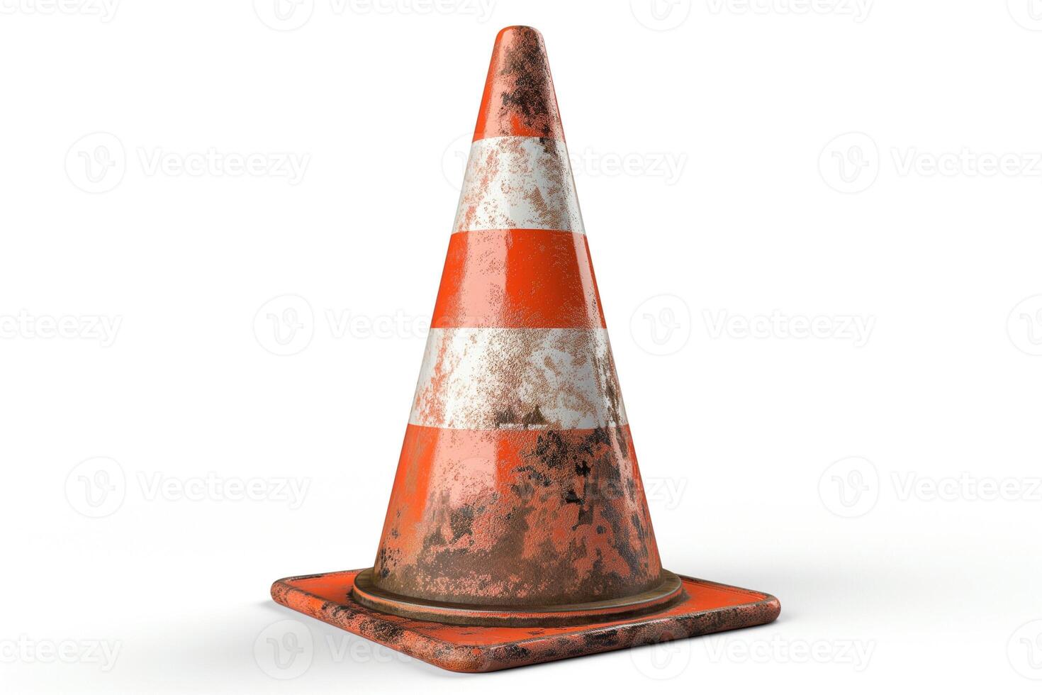 A weathered traffic cone with orange and white stripes, showing signs of wear and tear. photo
