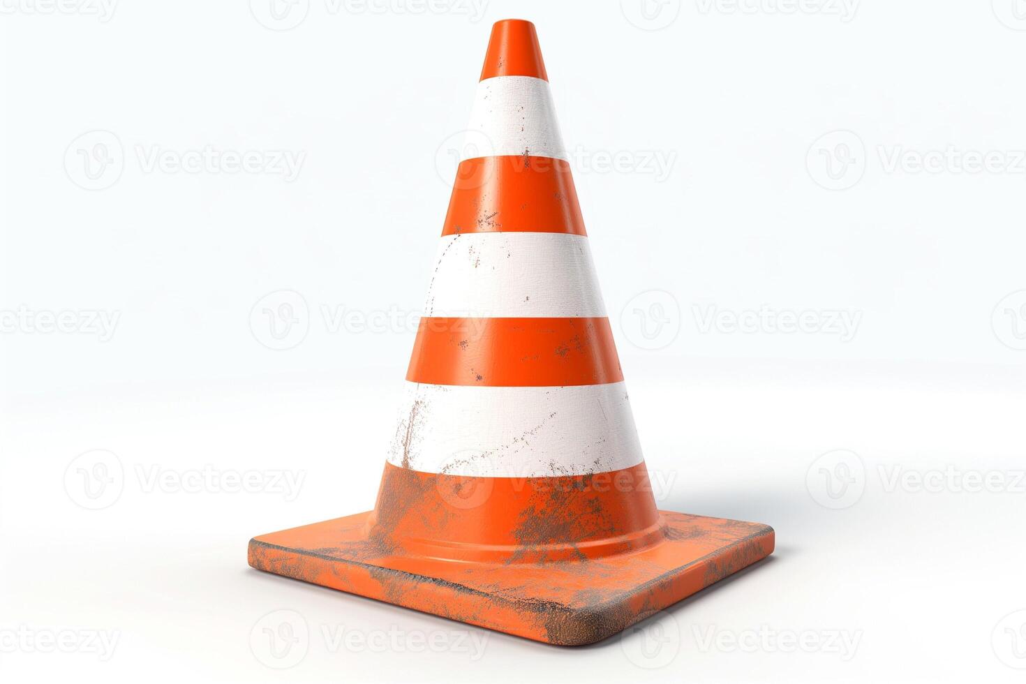 A weathered traffic cone with orange and white stripes, symbolizing road work and caution. photo