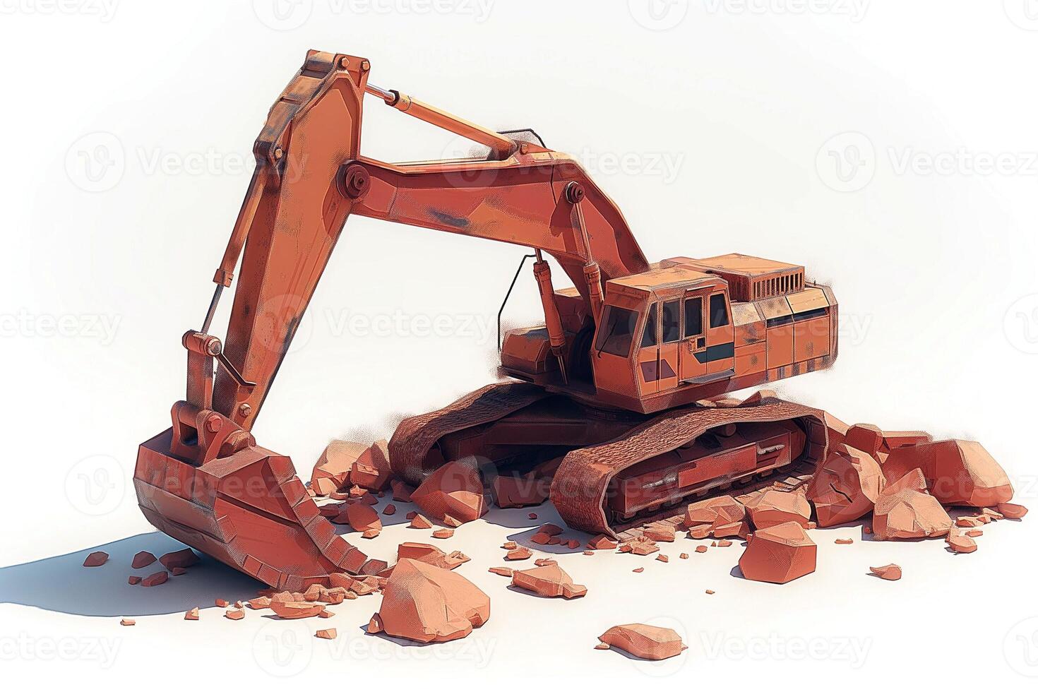 A robust orange excavator on a pile of rocks, showcasing its powerful design and functional capabilities. photo