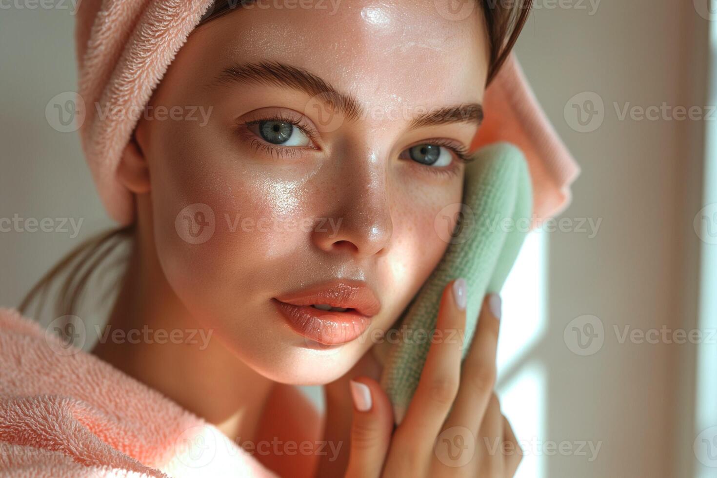 A young Caucasian woman gently cleanses her face with a soft cloth, exuding radiance after a refreshing skincare routine. photo