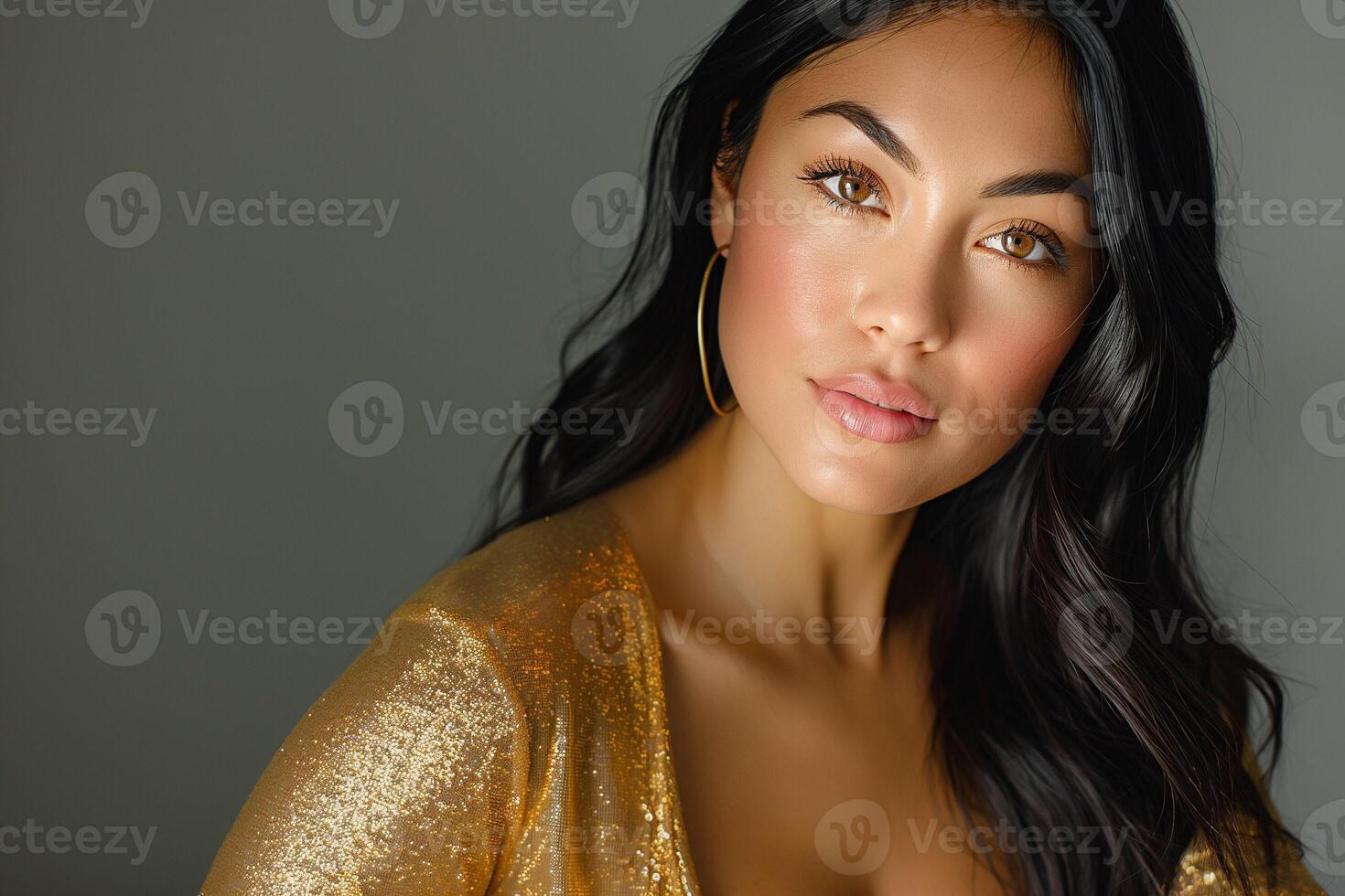 A stunning woman with long dark hair and golden attire, exuding confidence and elegance in a close-up portrait. photo