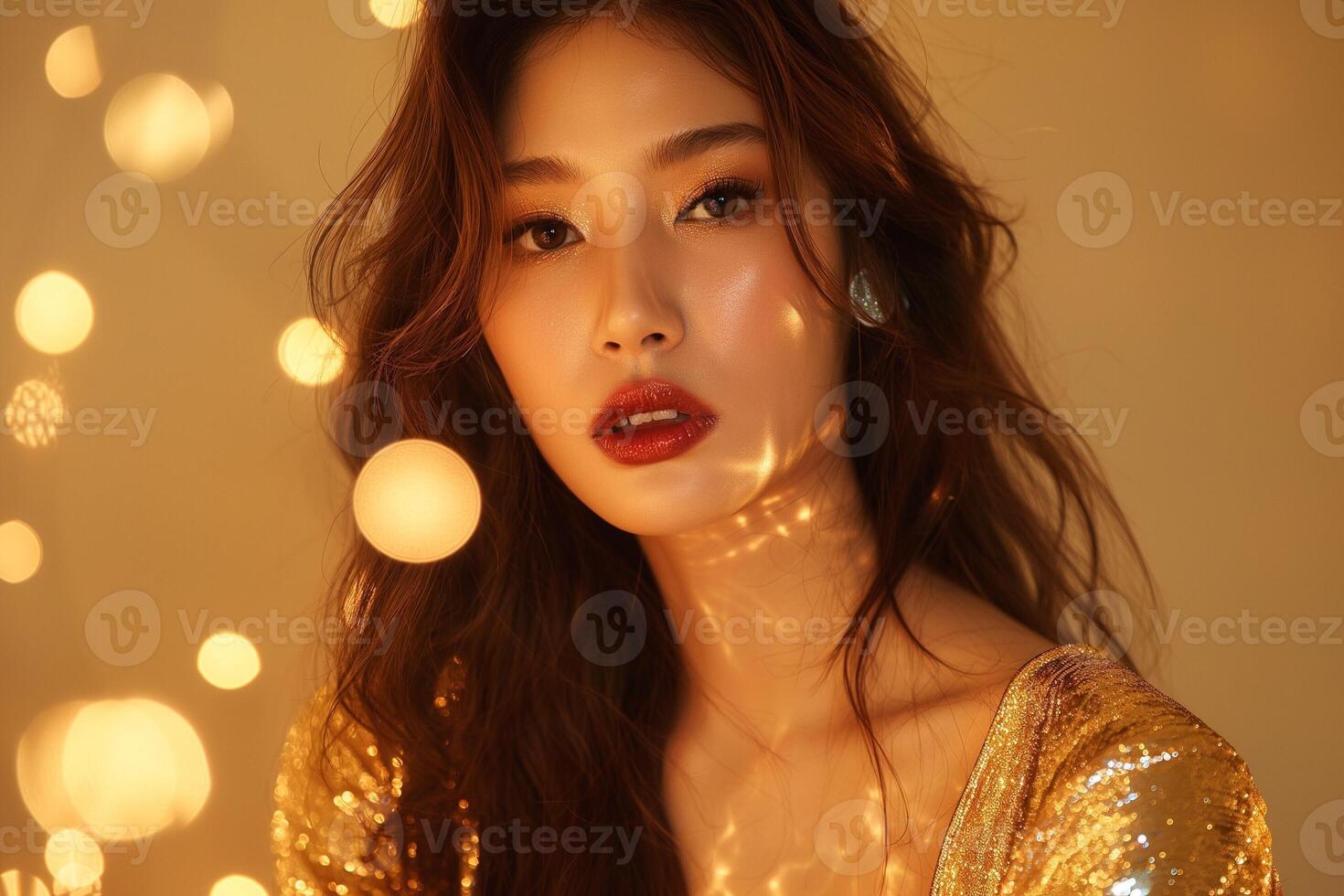A glamorous Asian woman with long, wavy hair poses elegantly, illuminated by soft, golden bokeh lights. photo