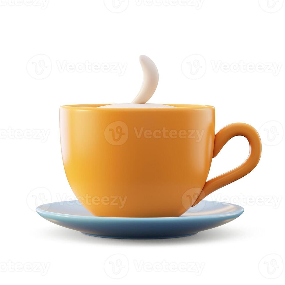 A vibrant orange coffee cup with a playful swirl of steam, resting on a soft blue saucer. photo