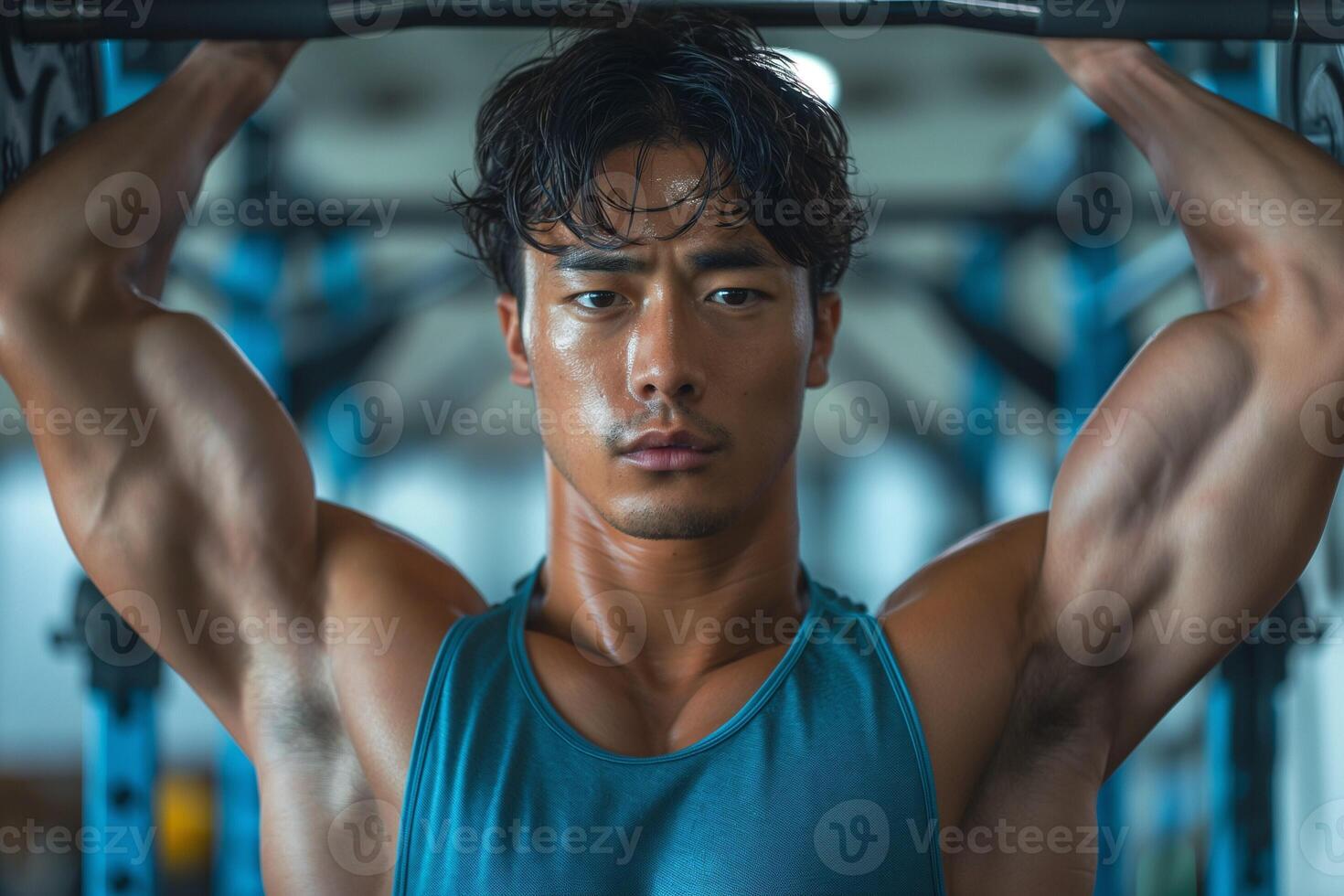 A determined Asian male athlete works out in a gym, showcasing his strength while lifting weights. photo