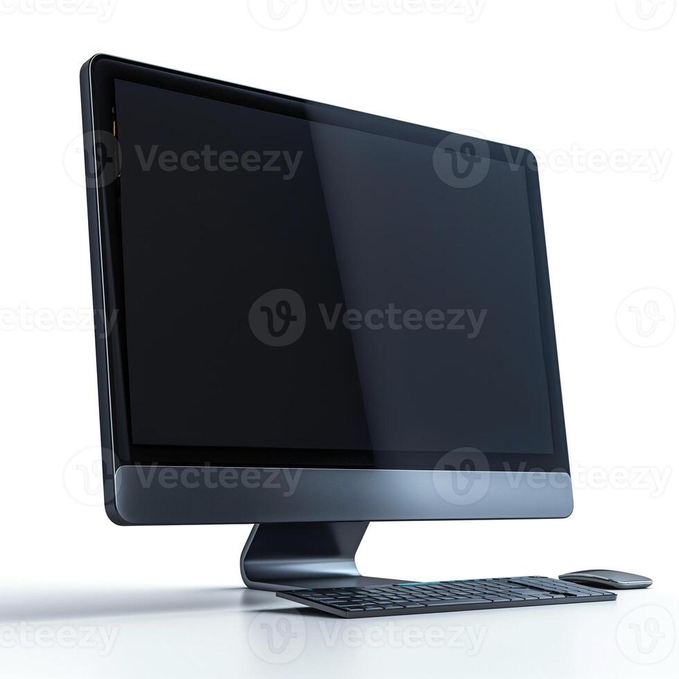 Sleek modern desktop computer setup featuring a large monitor, minimalist design, and compact keyboard and mouse. photo