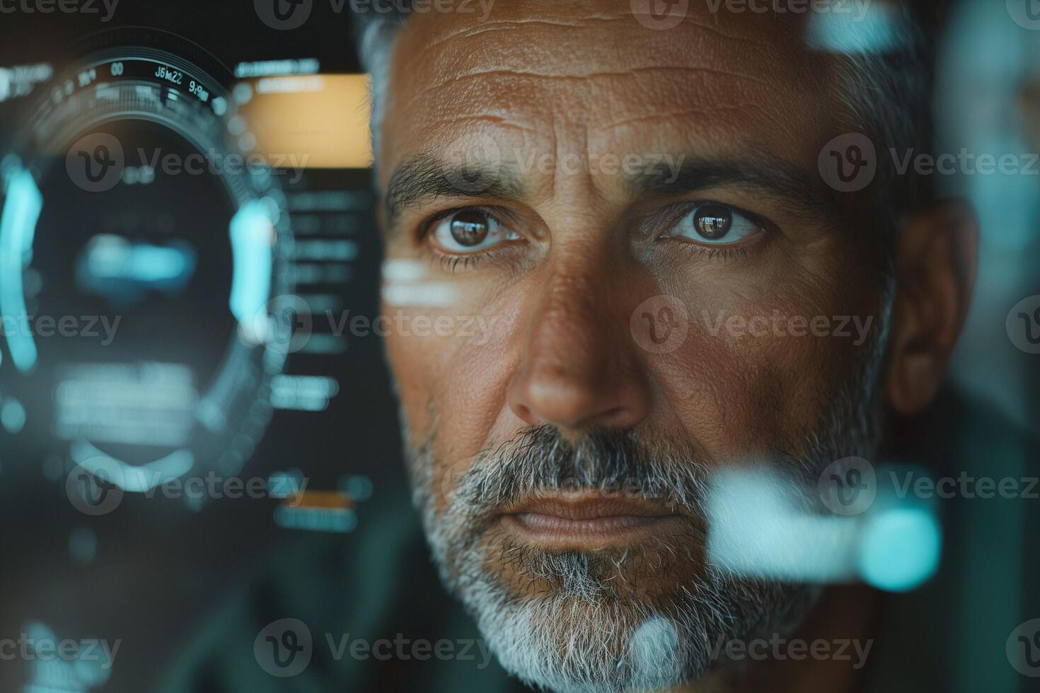 Focused middle-aged Caucasian man analyzing data on a futuristic display, showcasing determination and concentration. photo