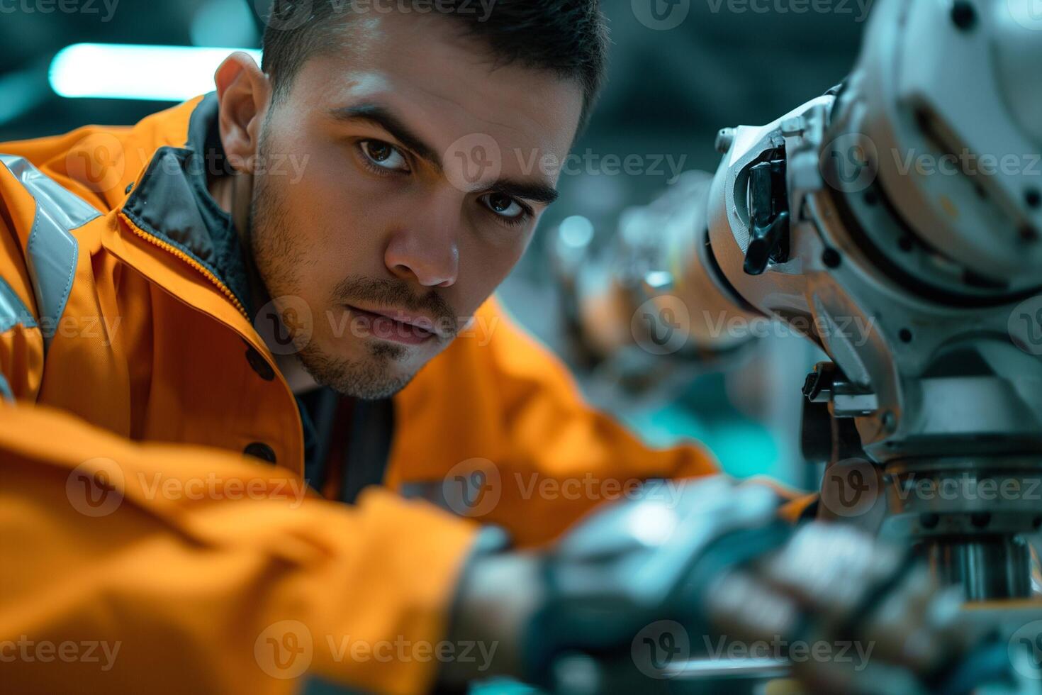 A focused Hispanic male technician in an orange jacket works on robotic machinery in a well-lit industrial setting. photo