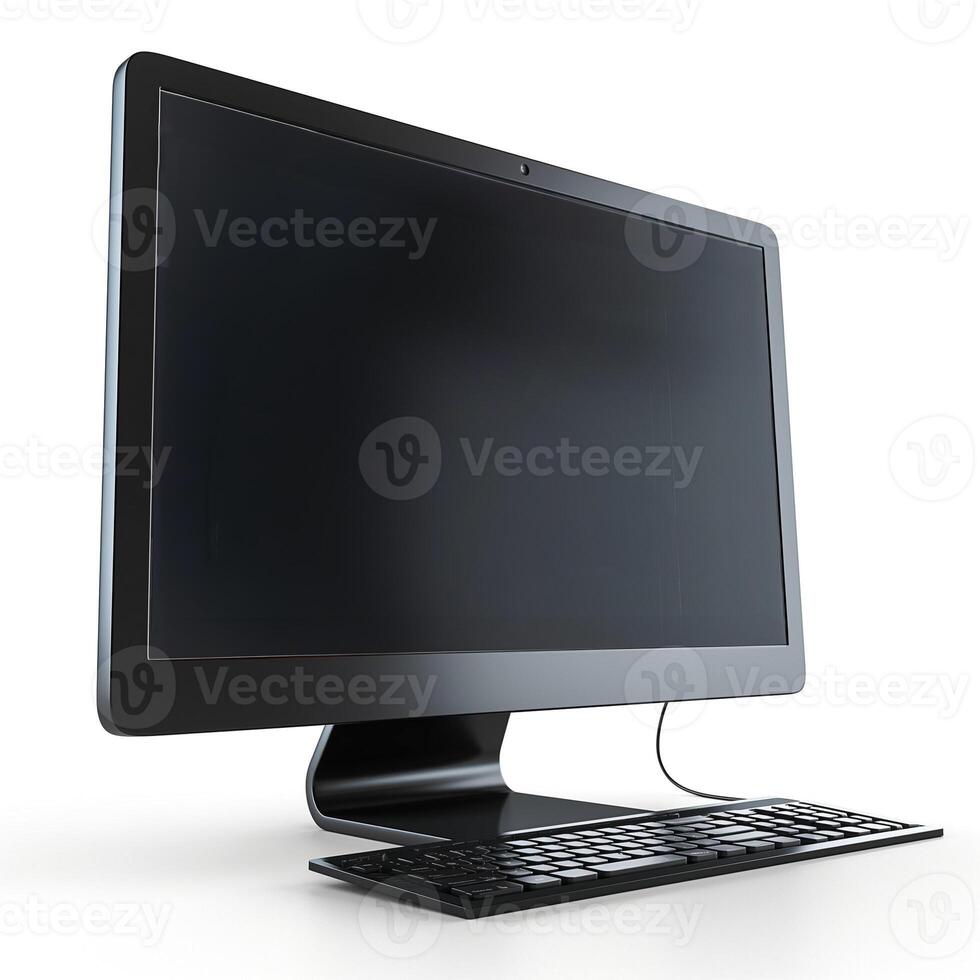 Sleek black computer monitor with a keyboard, showcasing modern design and simplicity. photo