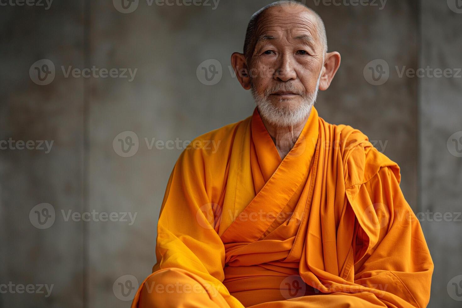 An elderly Asian male monk in vibrant orange robes, exuding tranquility and wisdom against a muted gray background. photo