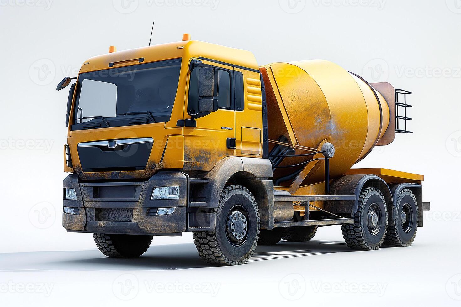 A rugged yellow concrete mixer truck stands against a plain background, showcasing its work-ready design. photo