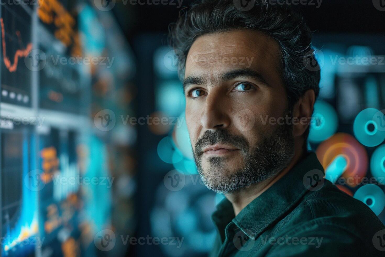 A contemplative Middle-Eastern man examines digital data on screens, showcasing a blend of technology and finance in a sleek environment. photo