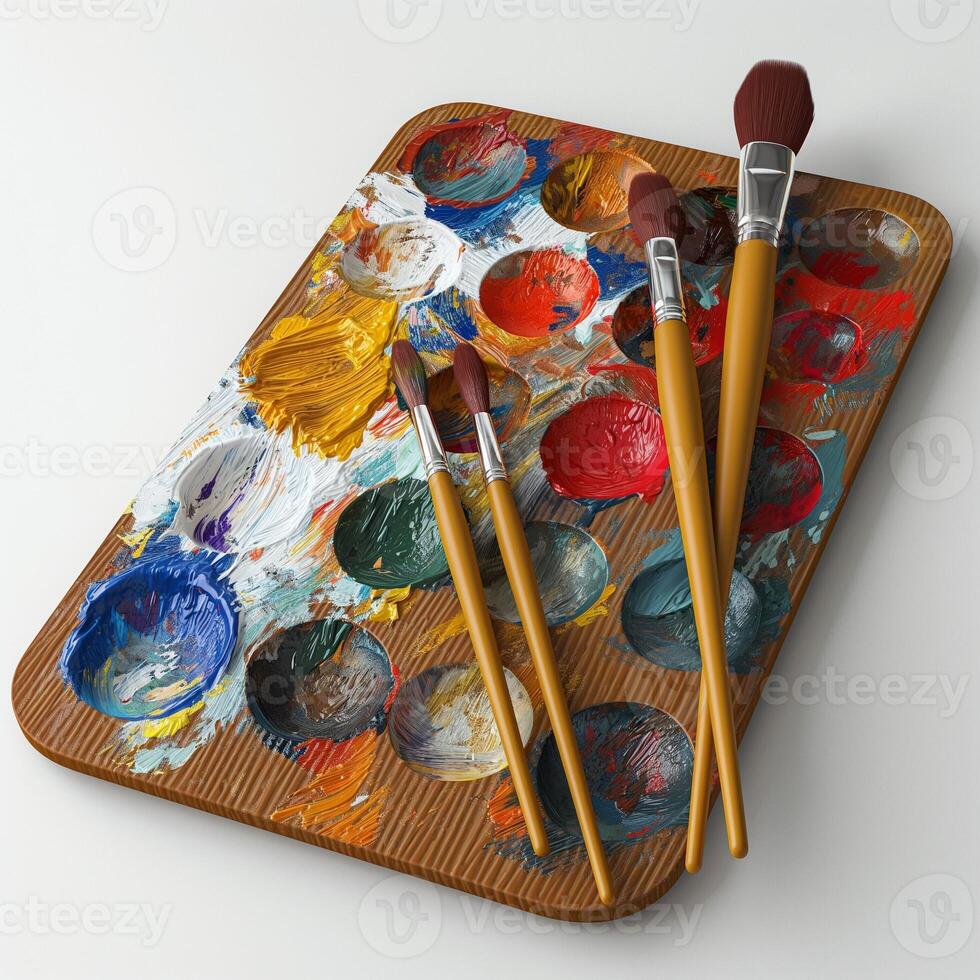 An artist's palette loaded with vibrant paint colors and brushes, capturing the essence of creativity and artistic inspiration. photo