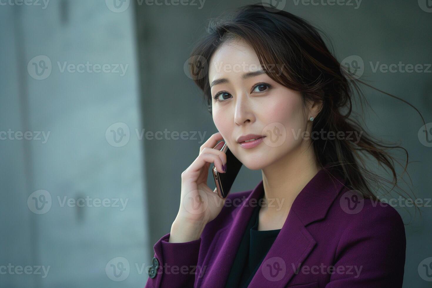A thoughtful Asian woman in a stylish purple blazer speaks on her smartphone, embodying modern confidence and grace. photo
